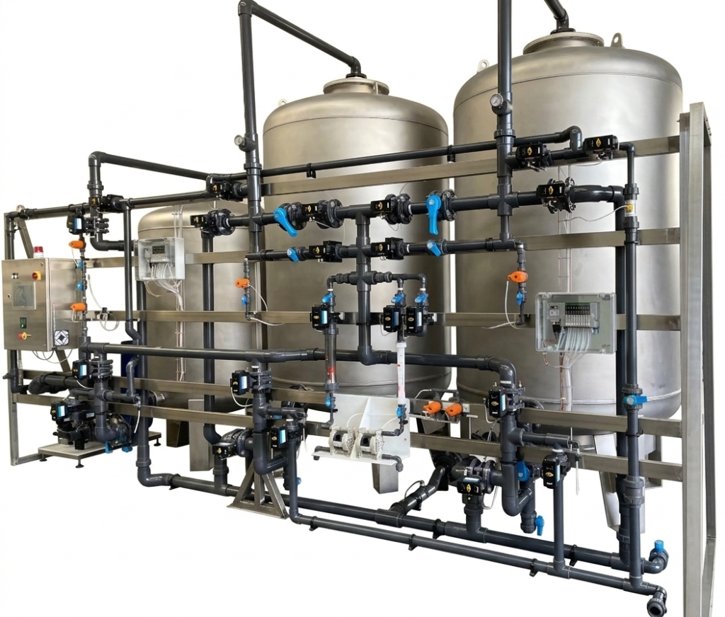 Impianti industriali con serbatoi e tubazioni per succo di agave